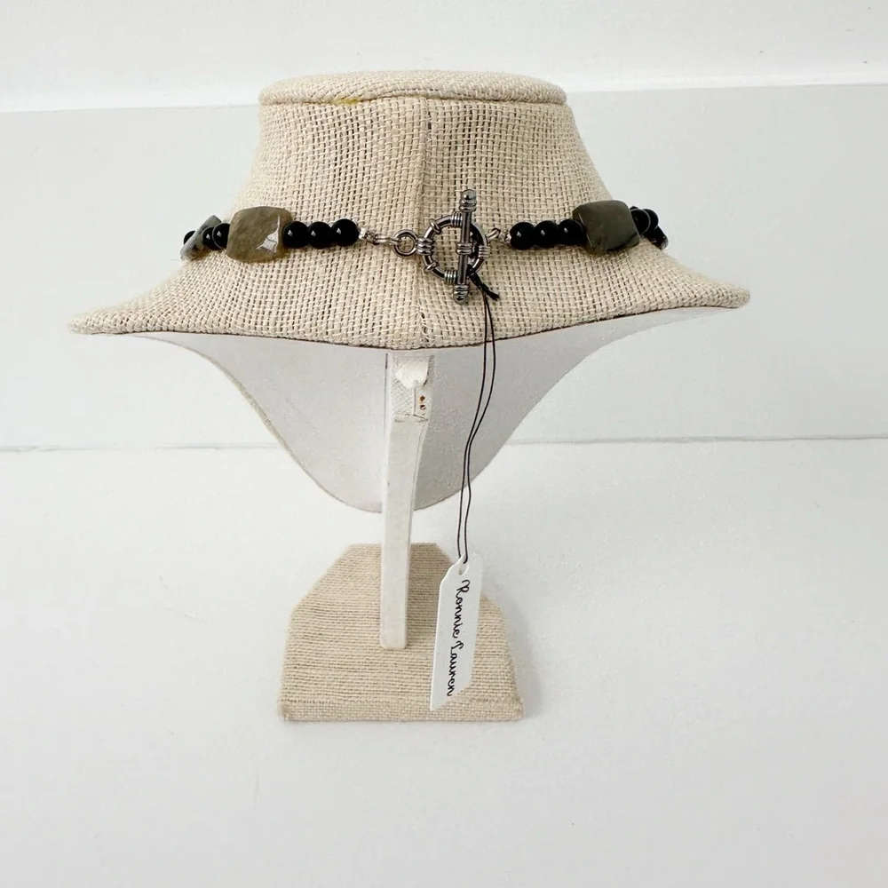 NWT Genuine Agate & Black Onyx Necklace Beaded Black Brown Gray